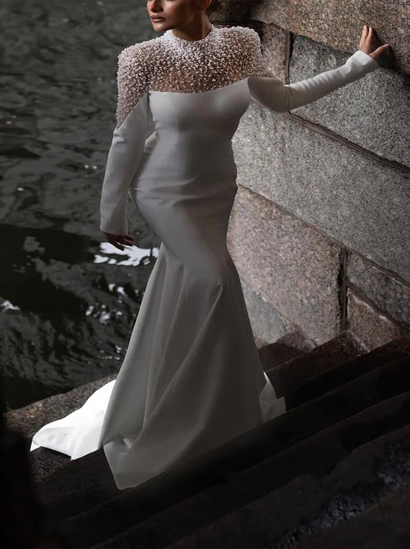 Luxurious & Sparkling Mermaid Wedding Dresses High Collar Sequins Beads Satin Sweep Train Bridal Gowns With Long Sleeves