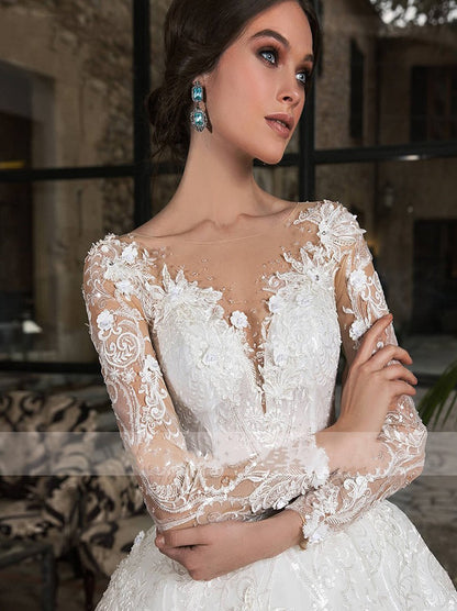 Luxury A-Line Wedding Dresses Illusion Scoop Appliques Beads Long Sleeves Court Train Satin Bridal Gowns Custom Design