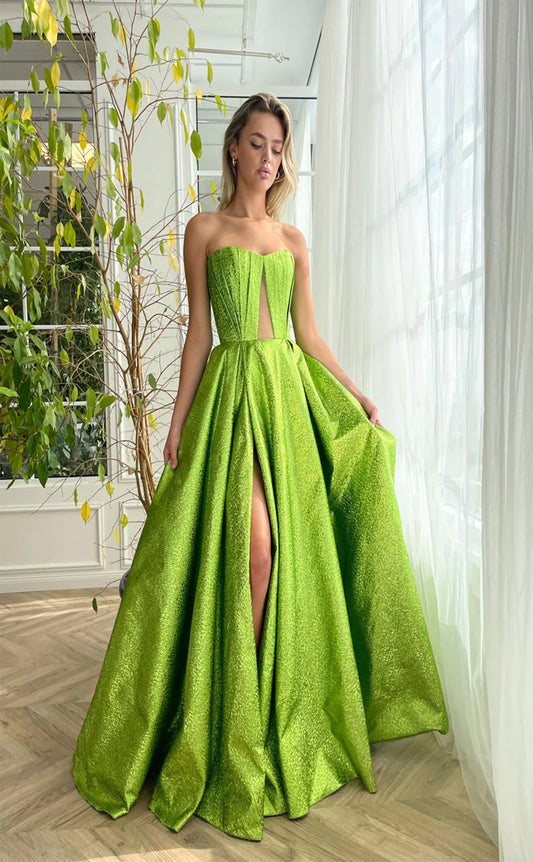 RP172-Green A-Line Strapless Short Sleeves Long Prom Evening Dresses Formal Party Gowns With Slit