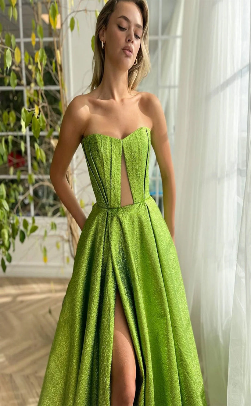 RP172-Green A-Line Strapless Short Sleeves Long Prom Evening Dresses Formal Party Gowns With Slit