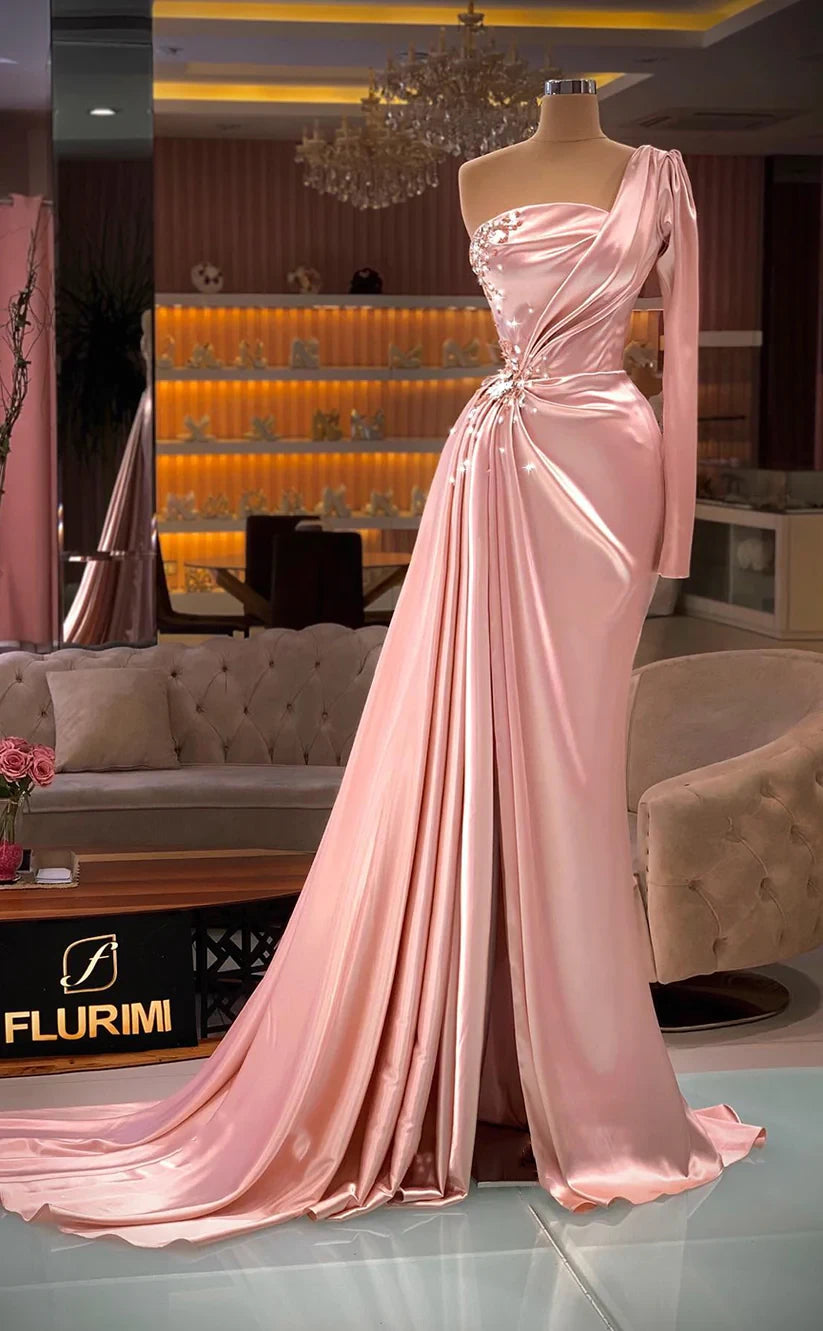 RP392-Gorgeous Pink Mermaid One Shoulder Ruched Beaded Long Sleeves  Satin Prom Evening Dresses Formal Party Gowns With Slit