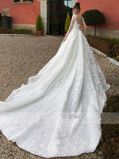 Luxury A-Line Wedding Dresses Illusion Scoop Appliques Beads Long Sleeves Court Train Satin Bridal Gowns Custom Design