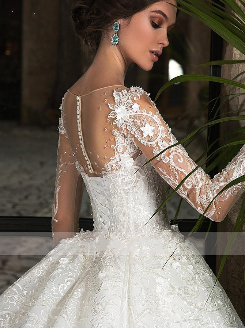 Luxury A-Line Wedding Dresses Illusion Scoop Appliques Beads Long Sleeves Court Train Satin Bridal Gowns Custom Design