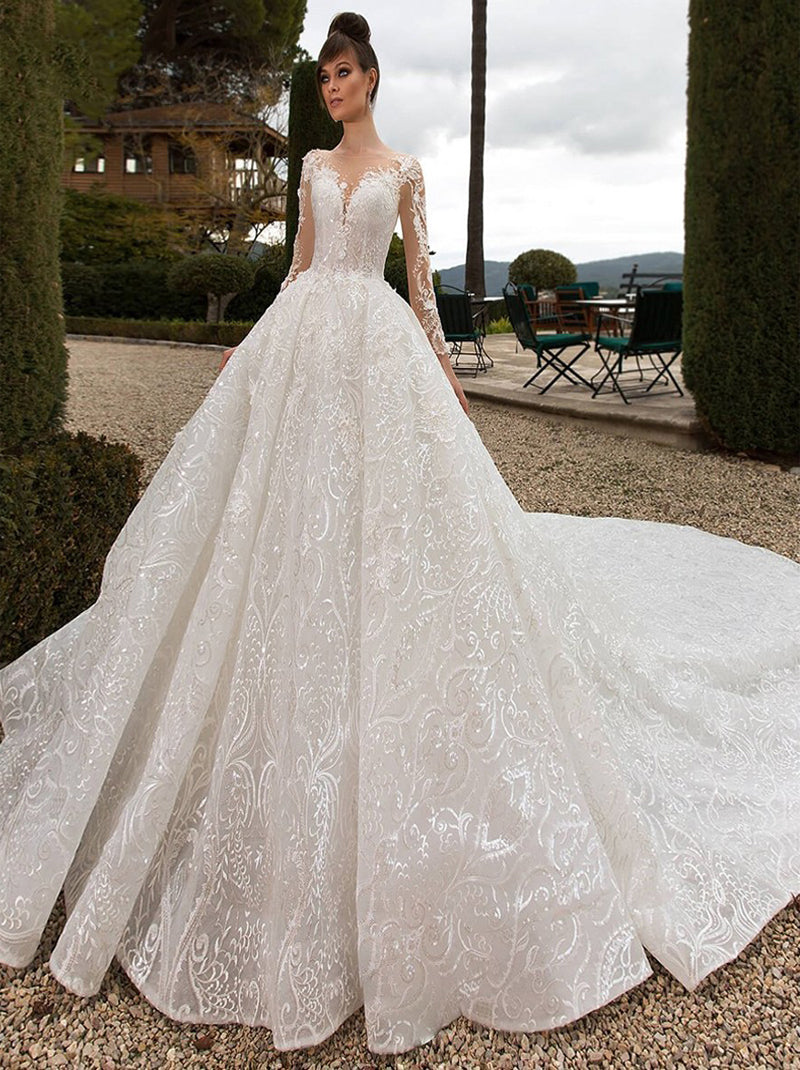 Luxury A-Line Wedding Dresses Illusion Scoop Appliques Beads Long Sleeves Court Train Satin Bridal Gowns Custom Design