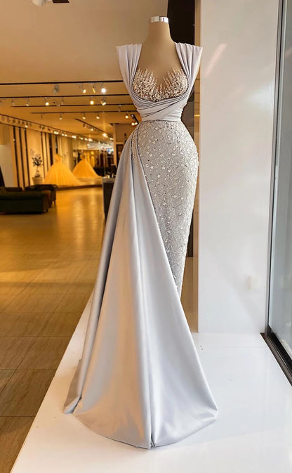 RP1709-Luxury Grey Mermaid Sweetheart Sequins Cap Sleeves Satin Prom Evening Dresses Formal Party Gowns With Train