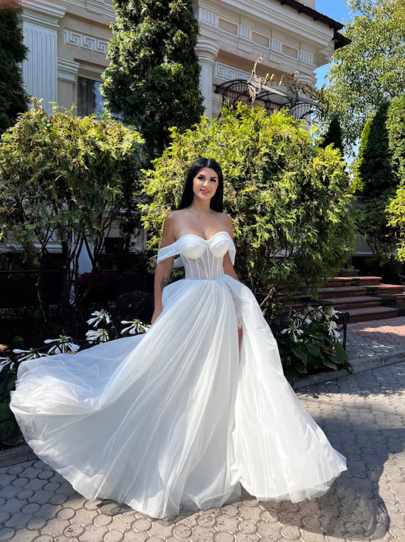 Elegant A-Line Wedding Dresses Sweetheart Cap Sleeves Side Slit Lace Up Floor Length Chiffon Bridal Gowns Custom Made