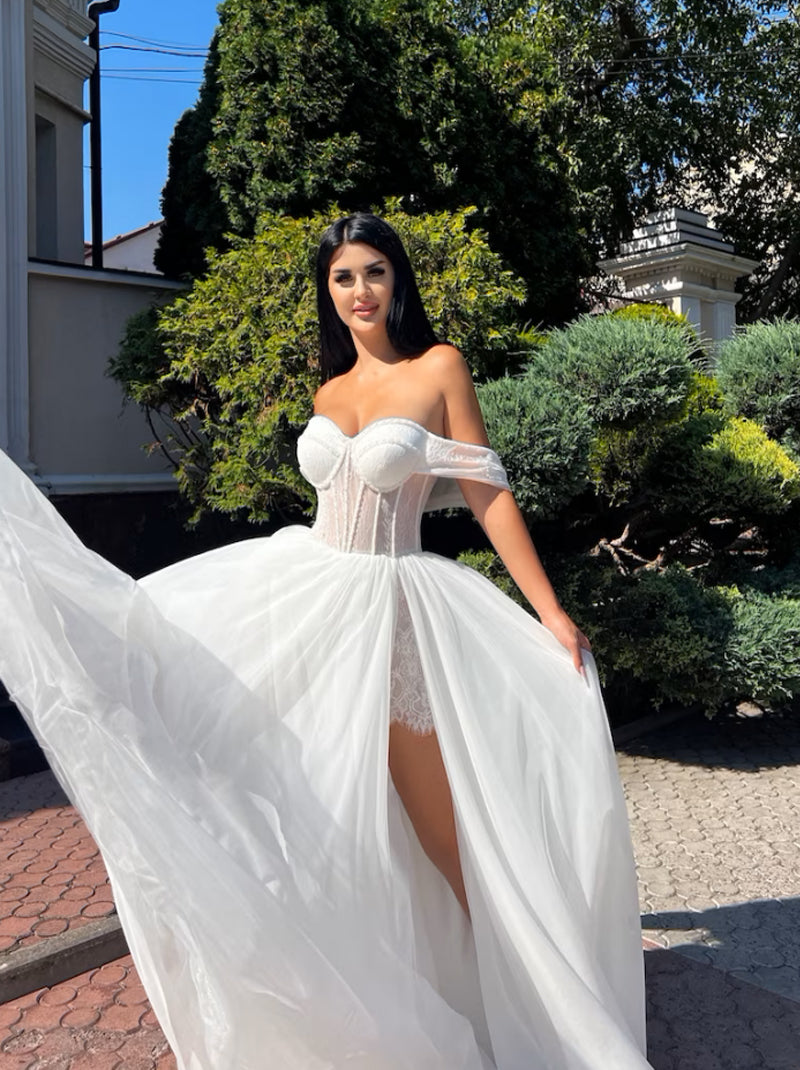 Elegant A-Line Wedding Dresses Sweetheart Cap Sleeves Side Slit Lace Up Floor Length Chiffon Bridal Gowns Custom Made