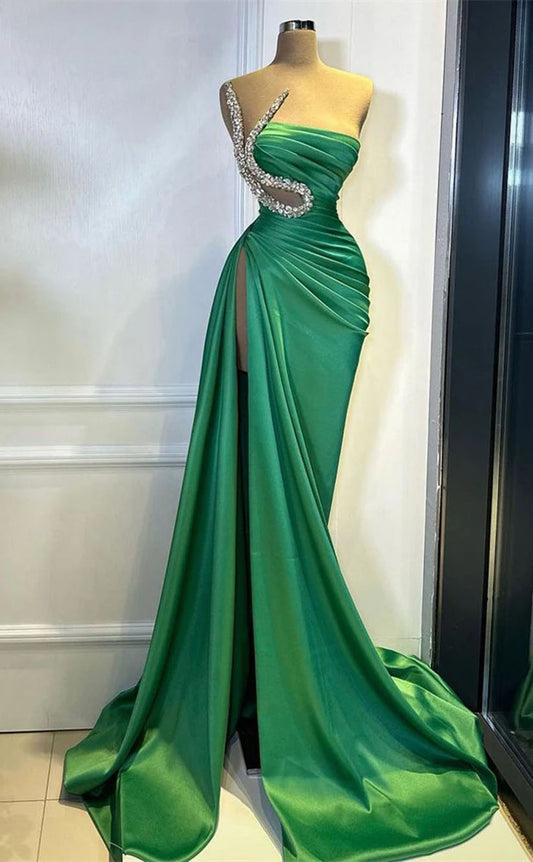 RP1703-New Green Mermaid Strapless Crystals Pleated Sleeveless Satin Prom Evening Dresses Formal Party Gowns With Slit