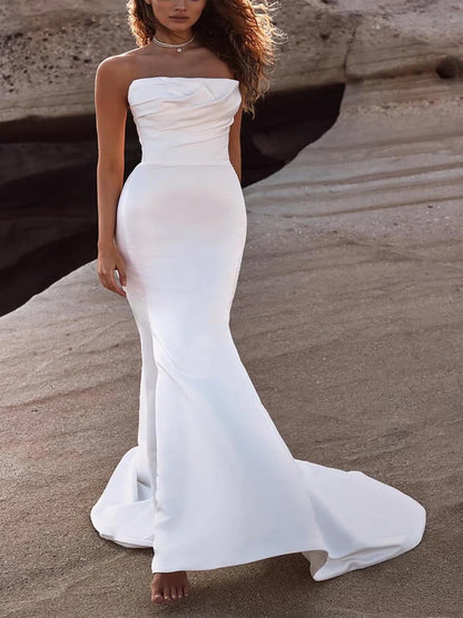 Simple Mermaid Wedding Dresses Sweetheart Pleated Satin Bridal Gowns Custom Made With Sweep Train