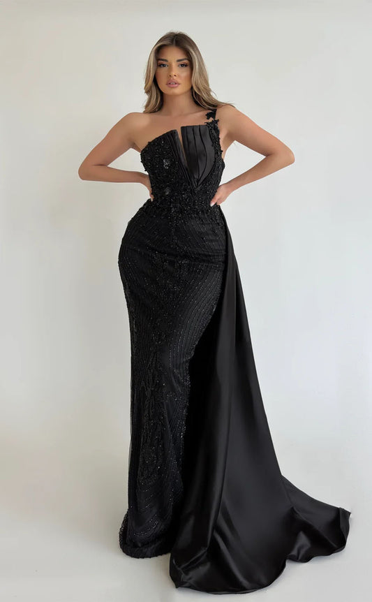 RP1711-Sparkling Black Mermaid One Shoulder Beads Appliqued Sleeveless Satin Prom Evening Dresses Formal Party Gowns With Train