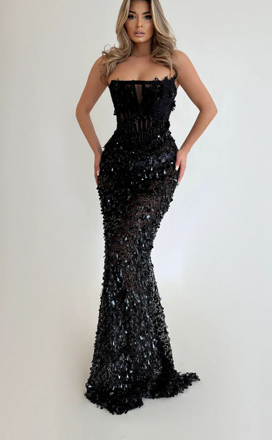 RP1713-Sparkling Black Mermaid Strapless Beads Sequins Sleeveless Floor Length Prom Evening Dresses Formal Party Gowns