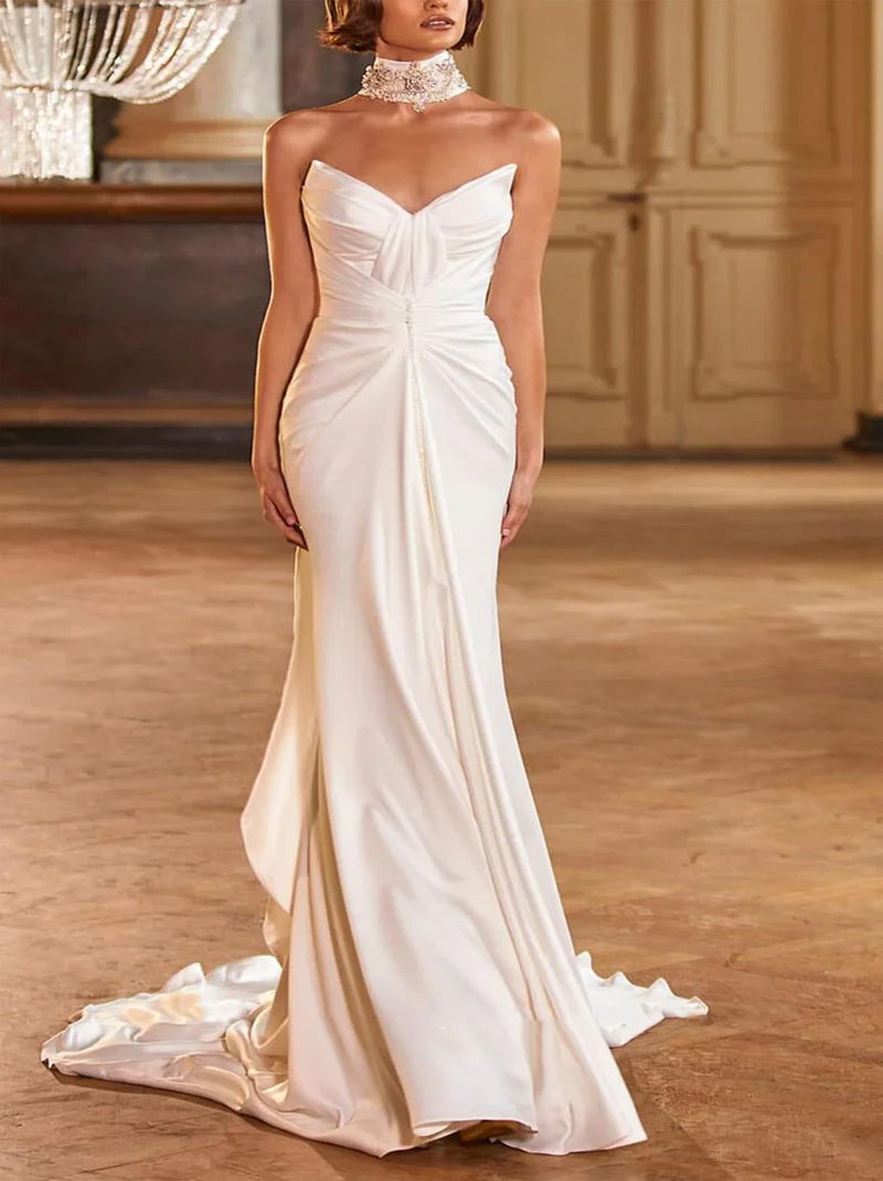 Simple Mermaid Wedding Dresses Sweetheart Pleated Satin Bridal Gowns Custom Made With Sweep Train