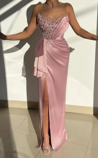 RP784-Elegant Pink Mermaid Illusion Neck Ruched Sequins Beads Cap Sleeves Long Prom Evening Dresses Formal Party Gowns With Slit