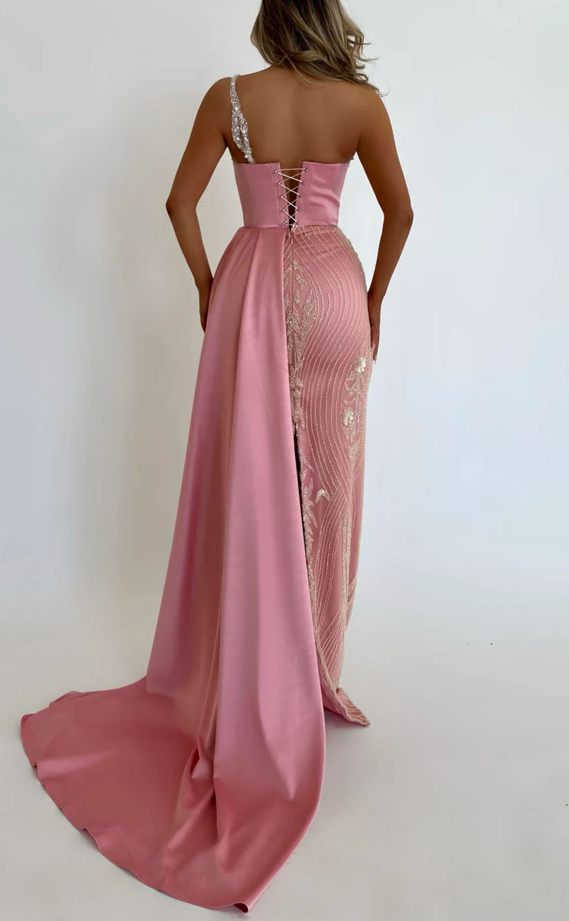 RP1712-Sparkling Pink Mermaid One Shoulder Beads Appliqued Sleeveless Satin Prom Evening Dresses Formal Party Gowns With Trai