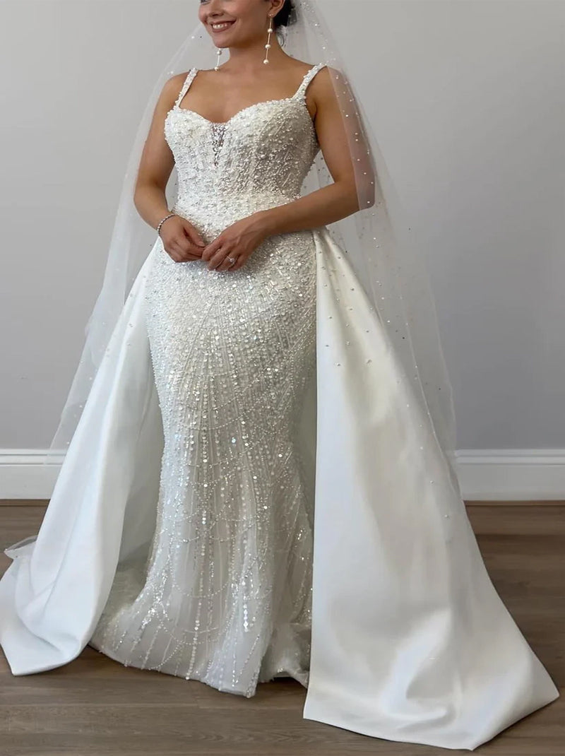 Sparkling& Charming Mermaid Wedding Dresses Spaghetti Beads Pearls Satin Bridal Gowns Custom Made With Detachable Sweep Train