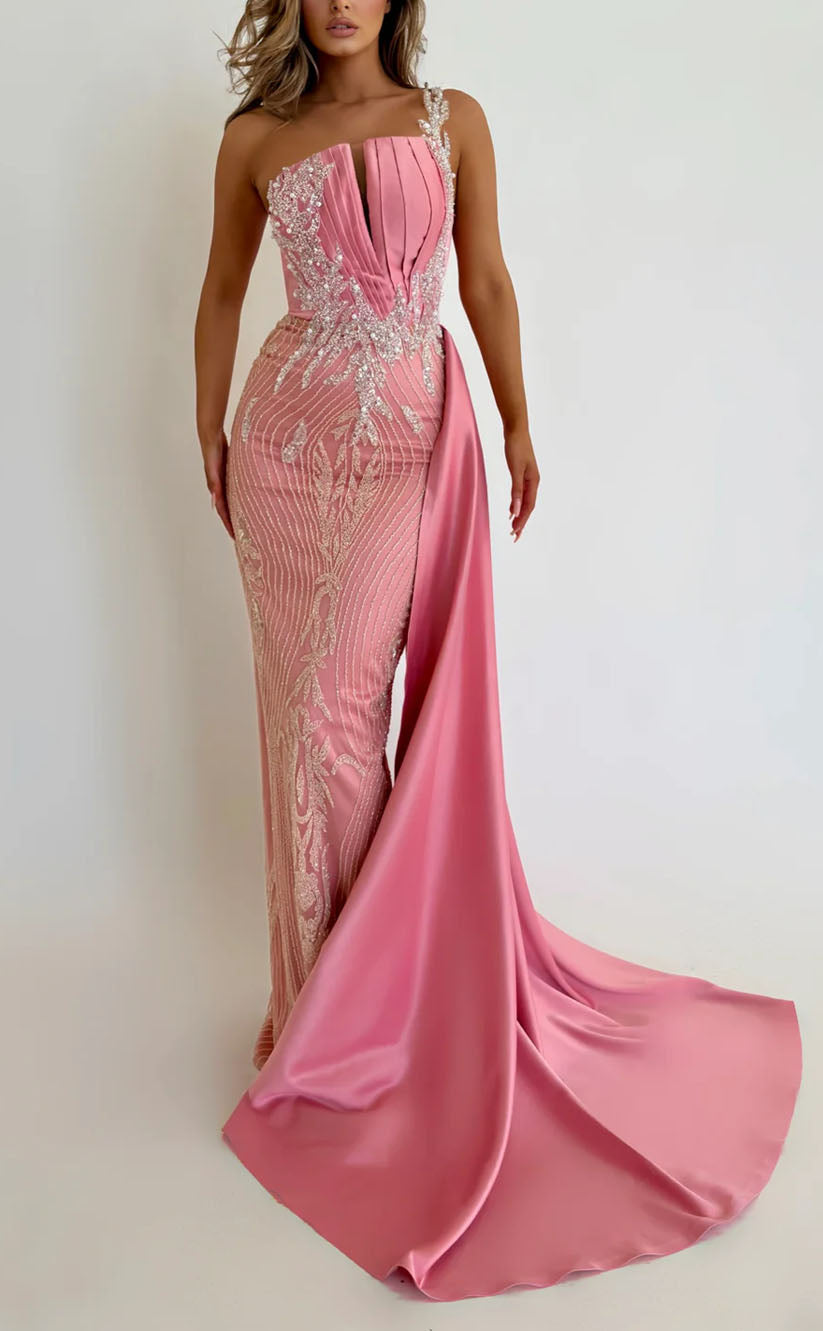 RP1712-Sparkling Pink Mermaid One Shoulder Beads Appliqued Sleeveless Satin Prom Evening Dresses Formal Party Gowns With Trai