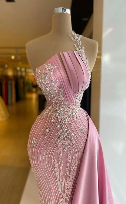 RP1712-Sparkling Pink Mermaid One Shoulder Beads Appliqued Sleeveless Satin Prom Evening Dresses Formal Party Gowns With Trai