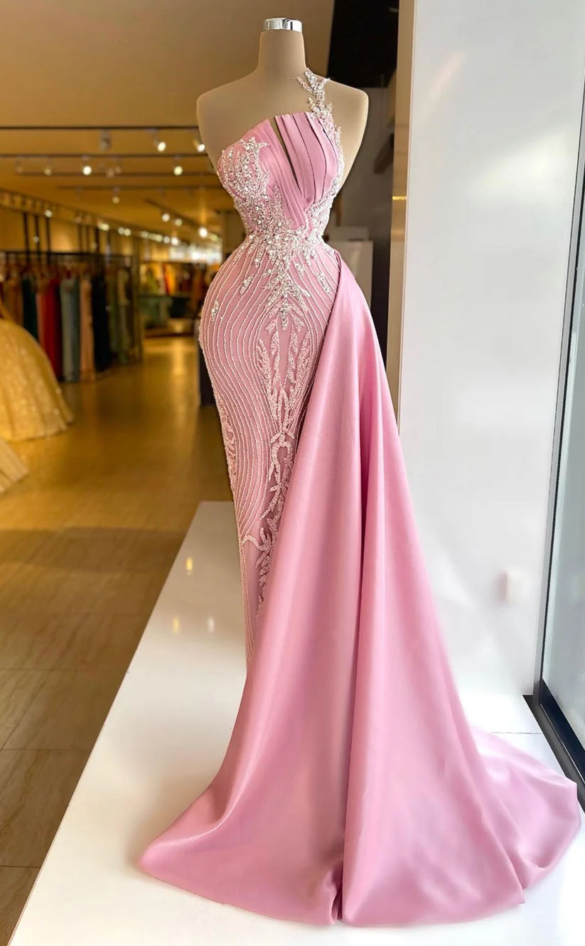 RP1712-Sparkling Pink Mermaid One Shoulder Beads Appliqued Sleeveless Satin Prom Evening Dresses Formal Party Gowns With Trai