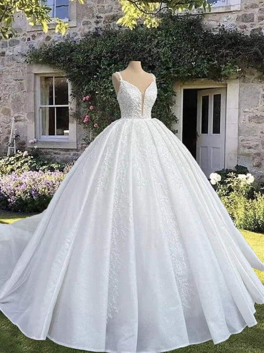 Elegant Ball Gown Wedding Dresses Spaghetti Beads Appliqued Lace Up Court Train Satin Bridal Gowns Custom Made