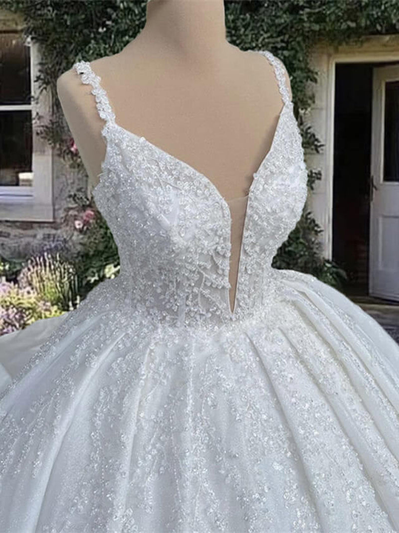 Elegant Ball Gown Wedding Dresses Spaghetti Beads Appliqued Lace Up Court Train Satin Bridal Gowns Custom Made