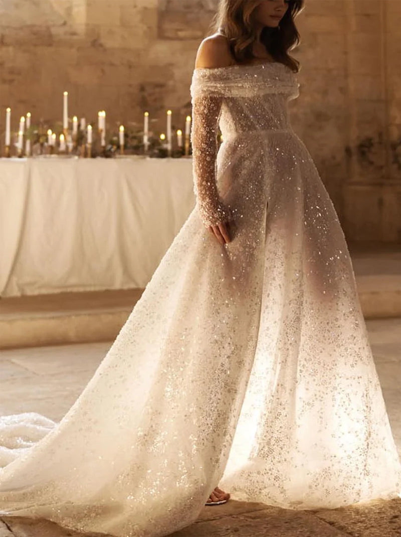 Sparkling & Charming A-Line Wedding Dresses Strapless Beads Sequins Cap Sleeves Tulle Sweep Train Bridal Gowns With Slit