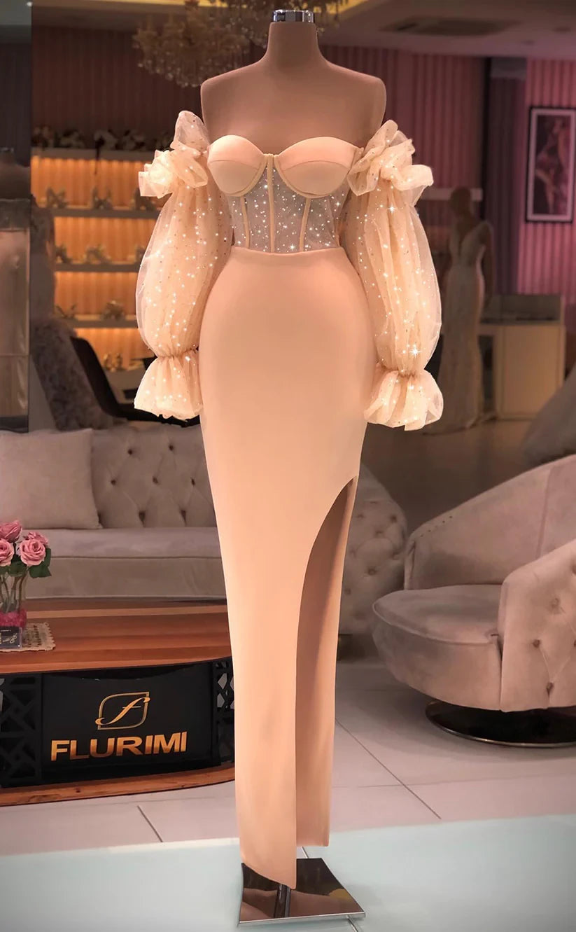 RP393-Elegant Mermaid Sweetheart Sequins Ruched Puffy Long Sleeves Velvet Prom Evening Dresses Formal Party Gowns With Slit