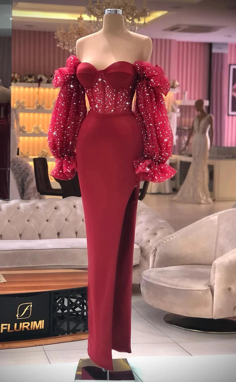 RP393-Elegant Mermaid Sweetheart Sequins Ruched Puffy Long Sleeves Velvet Prom Evening Dresses Formal Party Gowns With Slit