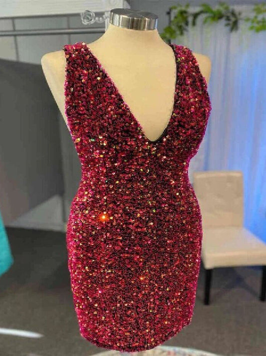 Sexy Sparkling Sheath Glitter Burgundy V-Neck Sequined Beaded Backless Bodycon Homecoming Dress Graduation Cocktail Party Gowns