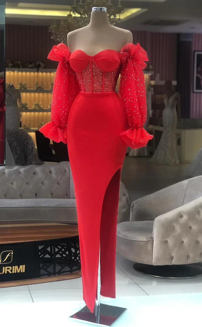 RP393-Elegant Mermaid Sweetheart Sequins Ruched Puffy Long Sleeves Velvet Prom Evening Dresses Formal Party Gowns With Slit