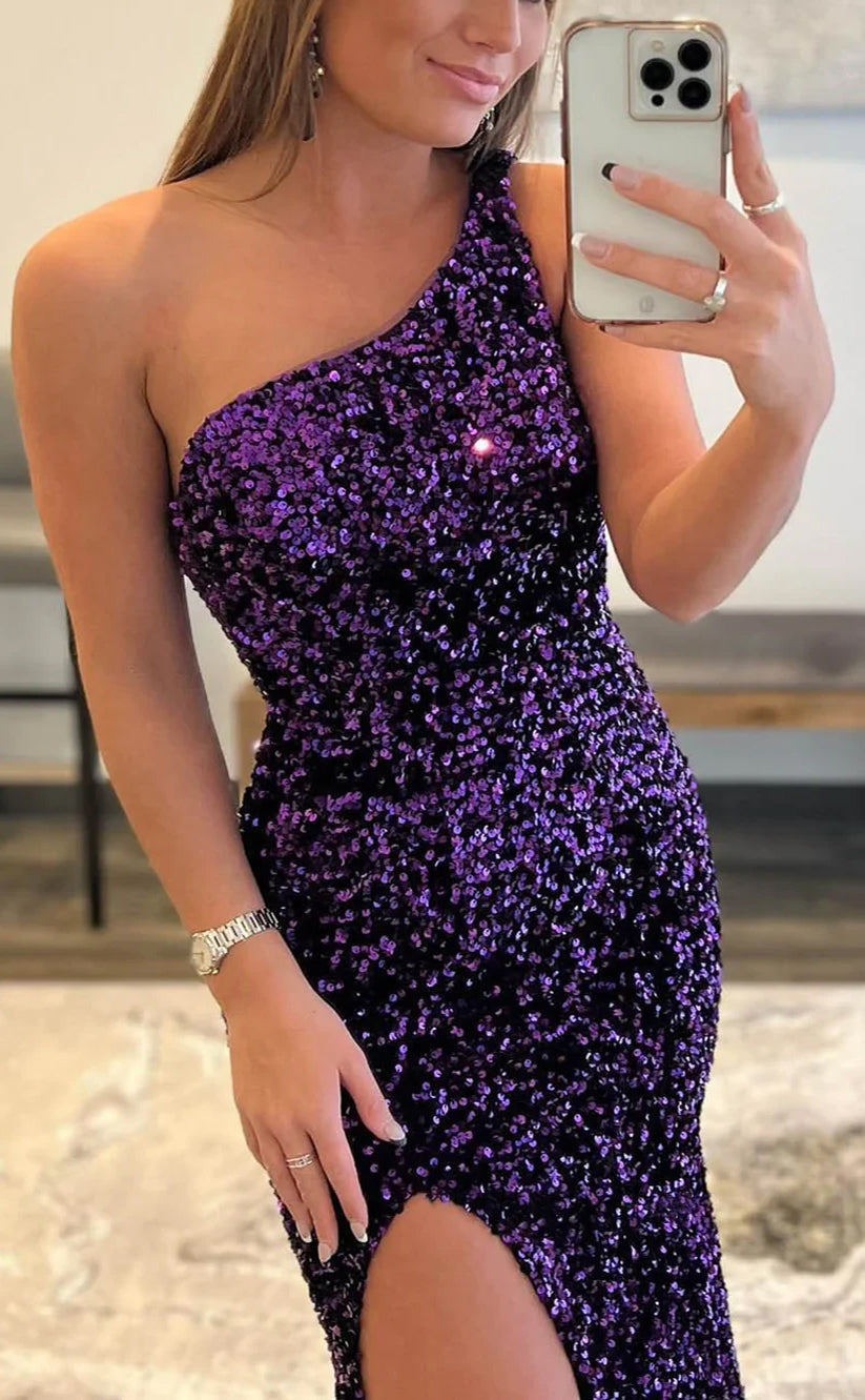 RP787-Sexy Purple Mermaid One Shoulder Sequins Sleeveless Long Prom Evening Dresses Formal Party Gowns With Slit