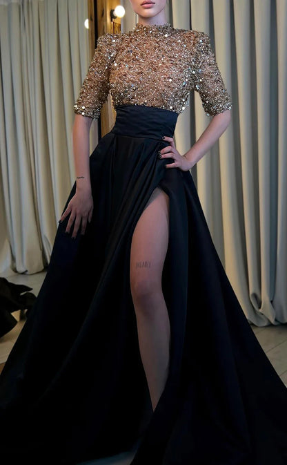 RP740-Elegant Black A-Line High Back Sequins Beads Half Sleeves Long Prom Evening Dresses Formal Party Gowns With Slit