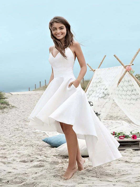 Simple A-Line Wedding Dresses Spaghetti Sleeveless Zipper Satin Hi-Low Bridal Gowns Custom Made