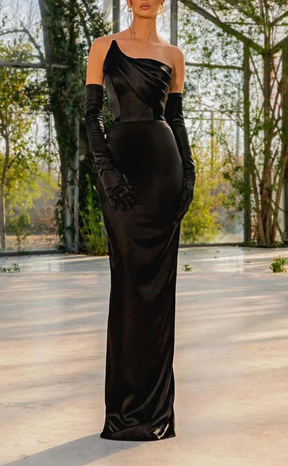 RP749-Elegant Black Mermaid Strapless Ruched Long Sleeves Long Prom Evening Dresses Formal Party Gowns