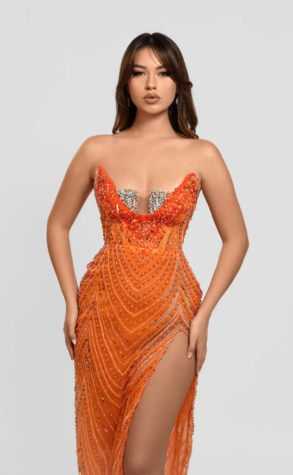 RP1722-Sparkling Orange Mermaid Strapless Beaded Sleeveless Floor Length Sequins Prom Evening Dresses Formal Party Gowns With Slit