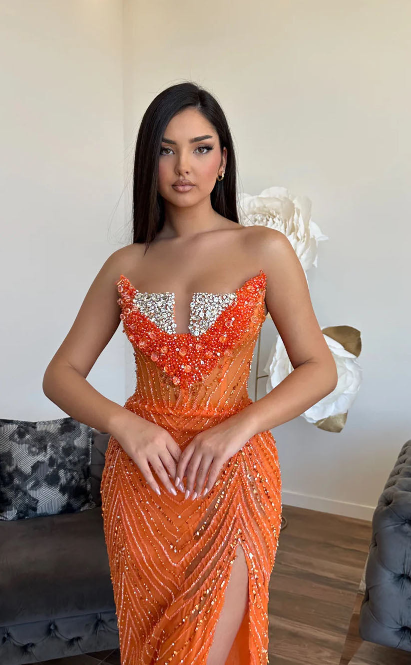 RP1722-Sparkling Orange Mermaid Strapless Beaded Sleeveless Floor Length Sequins Prom Evening Dresses Formal Party Gowns With Slit