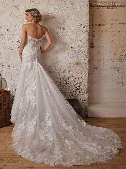 Classic Mermaid Wedding Dresses Sweetheart Appliqued Tulle Bridal Gowns Custom Made With Court Train