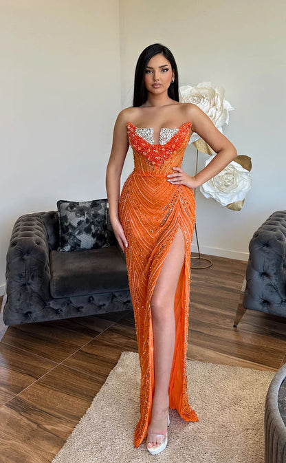 RP1722-Sparkling Orange Mermaid Strapless Beaded Sleeveless Floor Length Sequins Prom Evening Dresses Formal Party Gowns With Slit