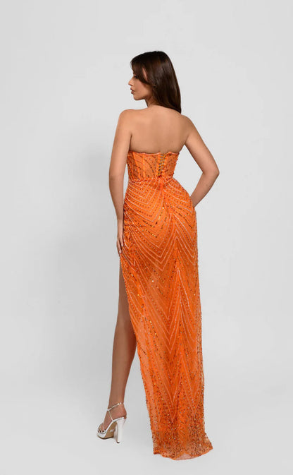 RP1722-Sparkling Orange Mermaid Strapless Beaded Sleeveless Floor Length Sequins Prom Evening Dresses Formal Party Gowns With Slit