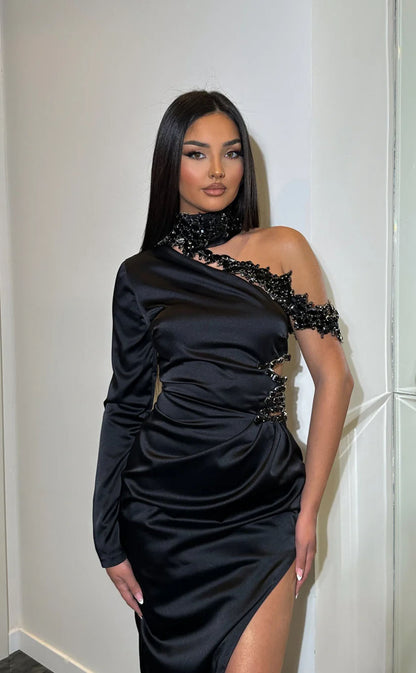RP1723-Elegant Black Mermaid High Neck Beads Long Sleeve Satin Prom Evening Dresses Formal Party Gowns With Slit