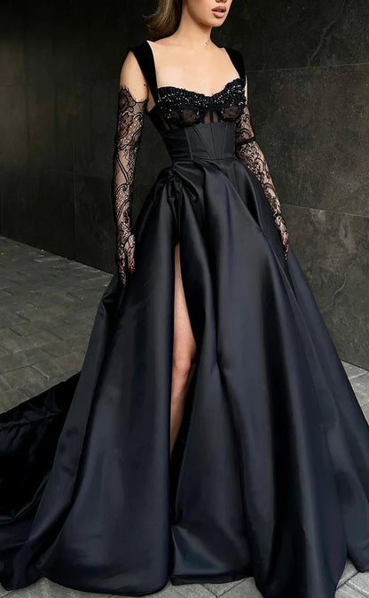 RP738-Elegant Black A-Line Spaghetti Ruched Beads Appliqued Long Sleeves Long Prom Evening Dresses Formal Party Gowns With Slit