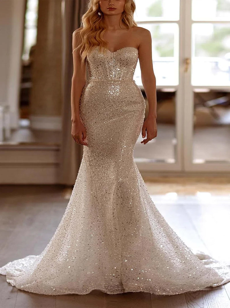 Sparkling Mermaid Wedding Dresses Sweetheart Sequins Detachable Cap Sleeves Tulle Bridal Gowns Custom Made