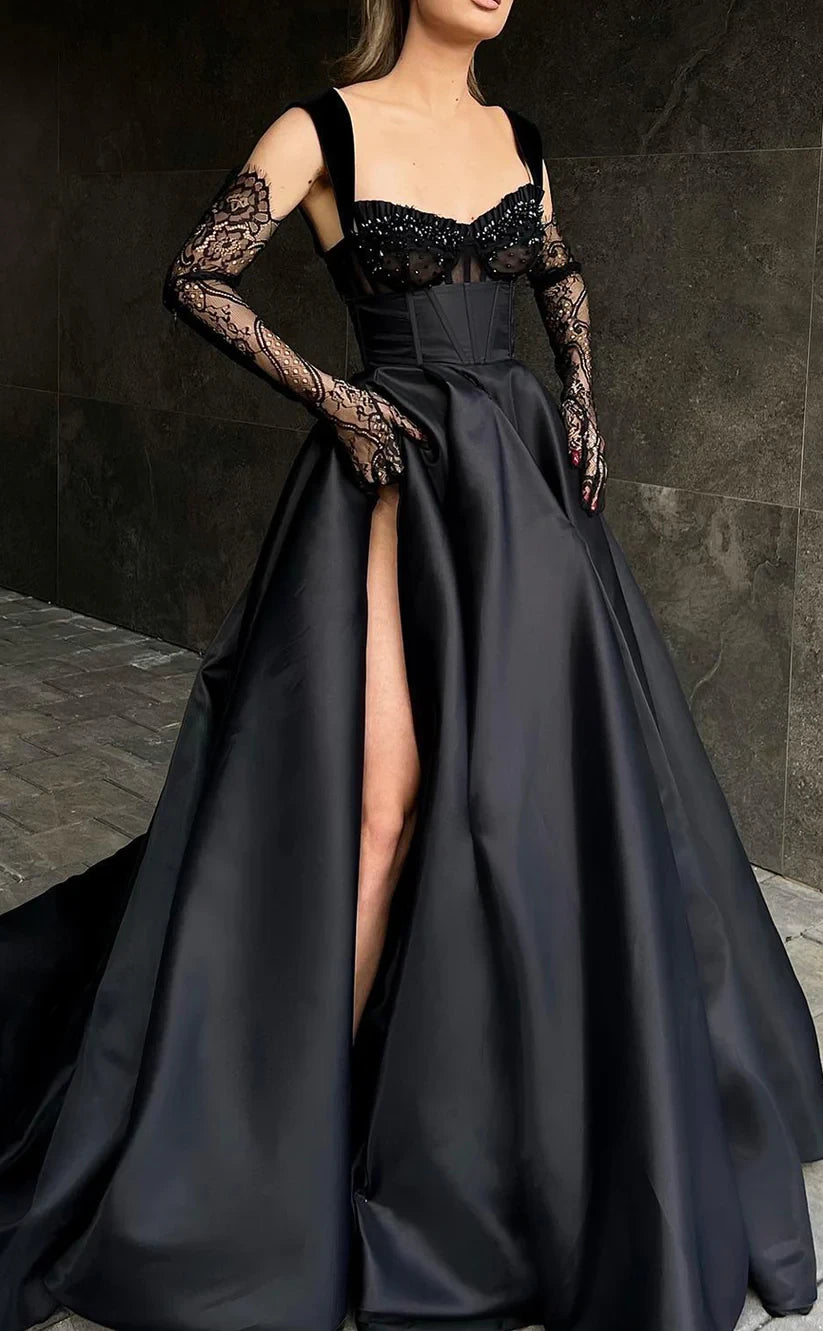 RP738-Elegant Black A-Line Spaghetti Ruched Beads Appliqued Long Sleeves Long Prom Evening Dresses Formal Party Gowns With Slit