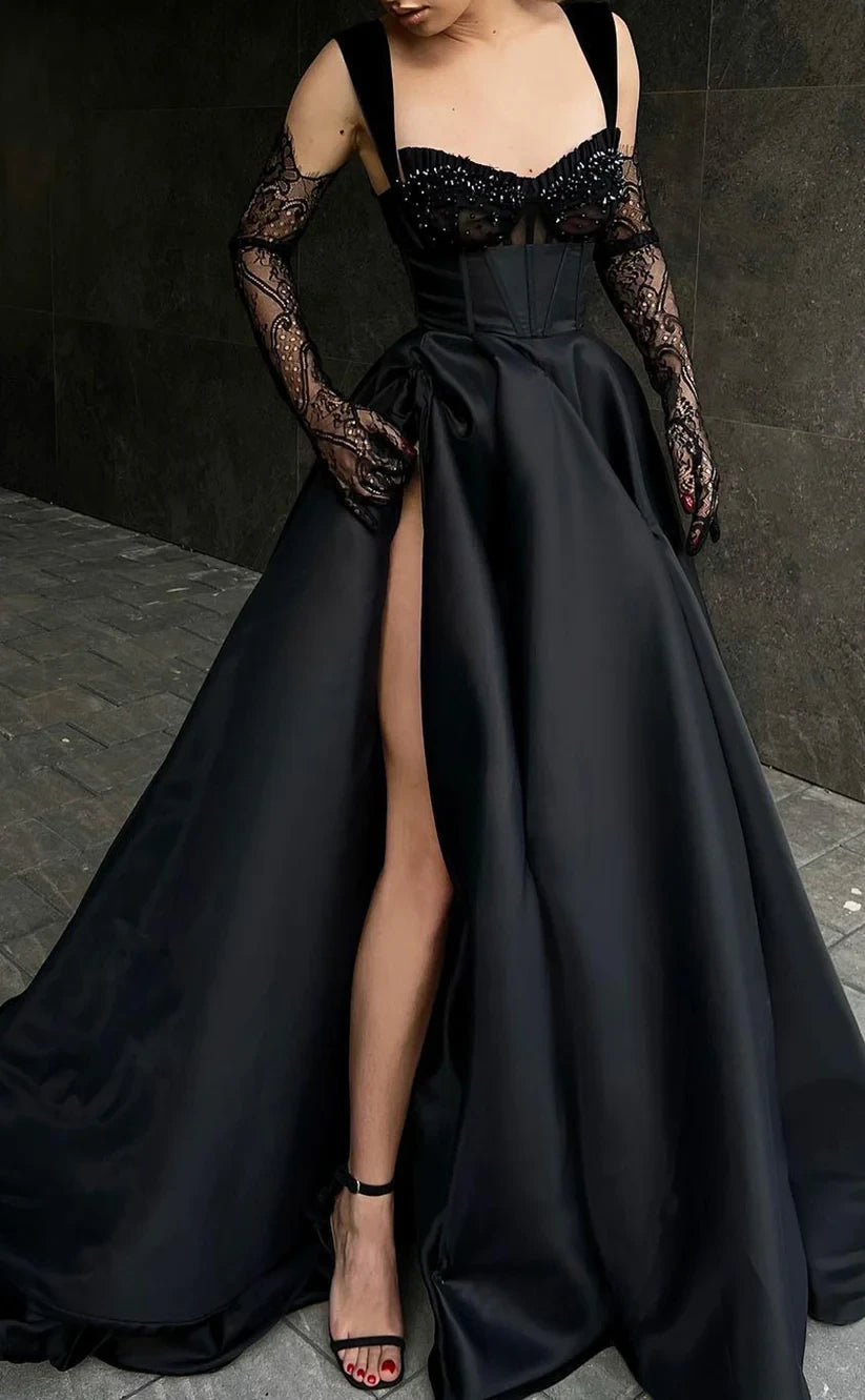 RP738-Elegant Black A-Line Spaghetti Ruched Beads Appliqued Long Sleeves Long Prom Evening Dresses Formal Party Gowns With Slit