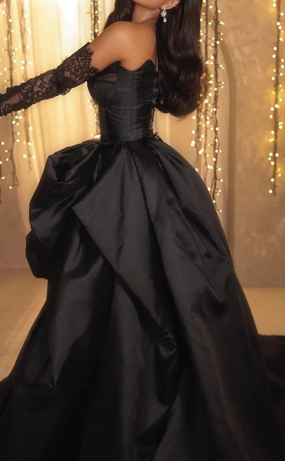 RP737-Elegant Black A-Line Sweetheart Ruched Lace Long Sleeves Long Prom Evening Dresses Formal Party Gowns With Slit