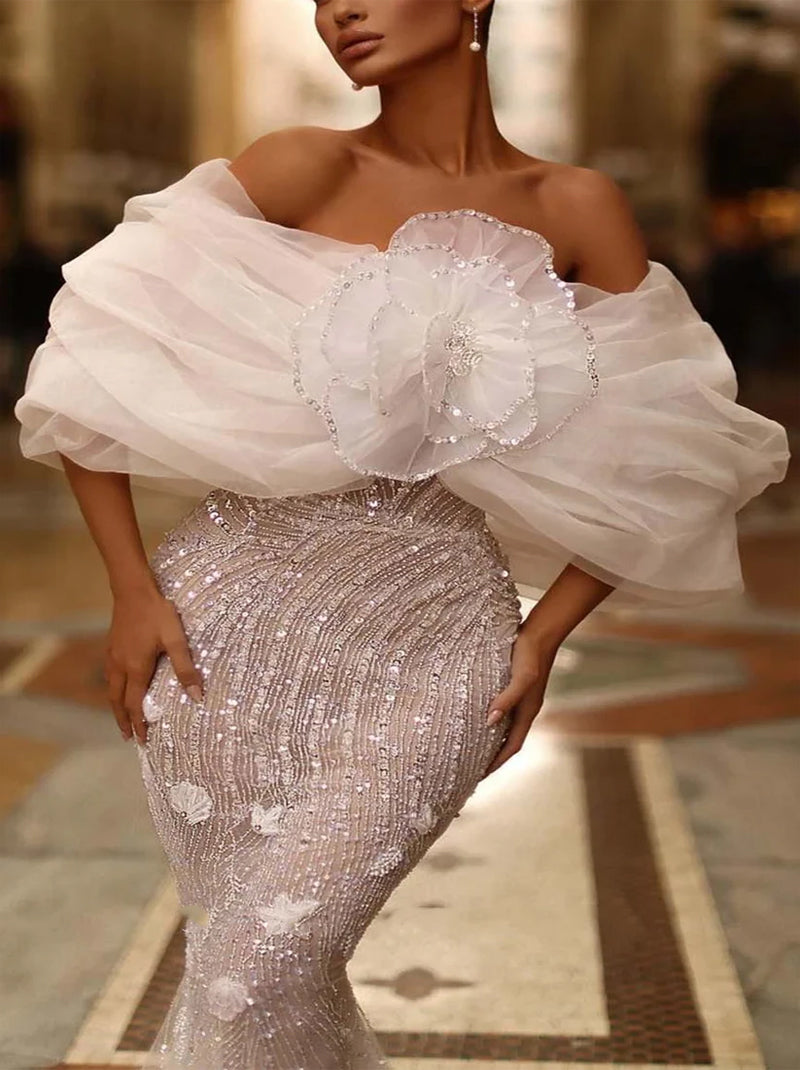 Sparkling & Luxurious Mermaid Wedding Dresses Sweetheart Beads Appliqued Bowknot Tulle Bridal Gowns Custom Made With Sweep Train
