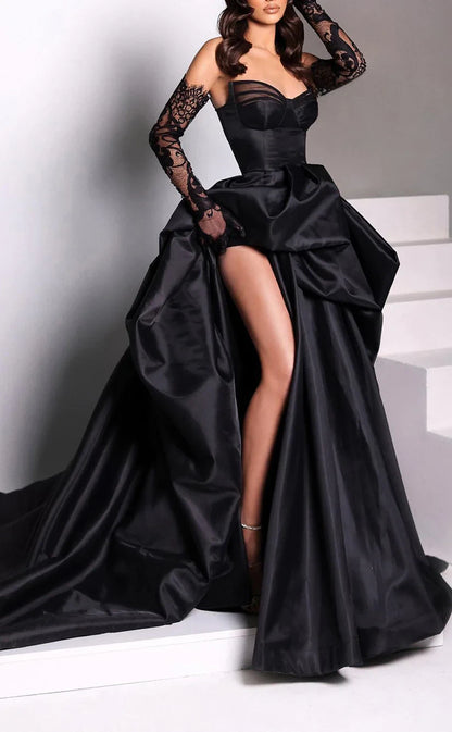 RP737-Elegant Black A-Line Sweetheart Ruched Lace Long Sleeves Long Prom Evening Dresses Formal Party Gowns With Slit