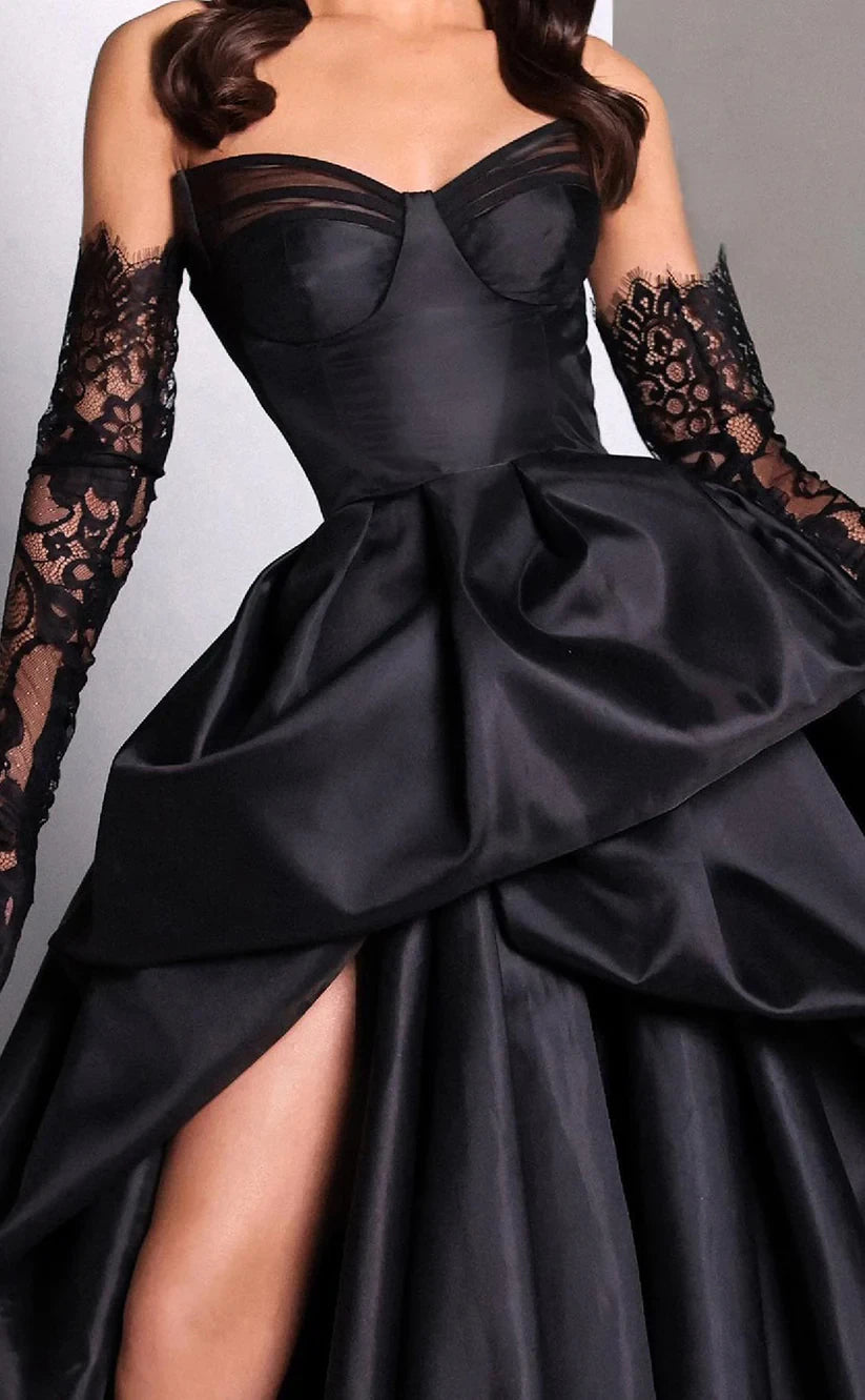 RP737-Elegant Black A-Line Sweetheart Ruched Lace Long Sleeves Long Prom Evening Dresses Formal Party Gowns With Slit