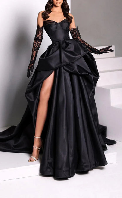 RP737-Elegant Black A-Line Sweetheart Ruched Lace Long Sleeves Long Prom Evening Dresses Formal Party Gowns With Slit