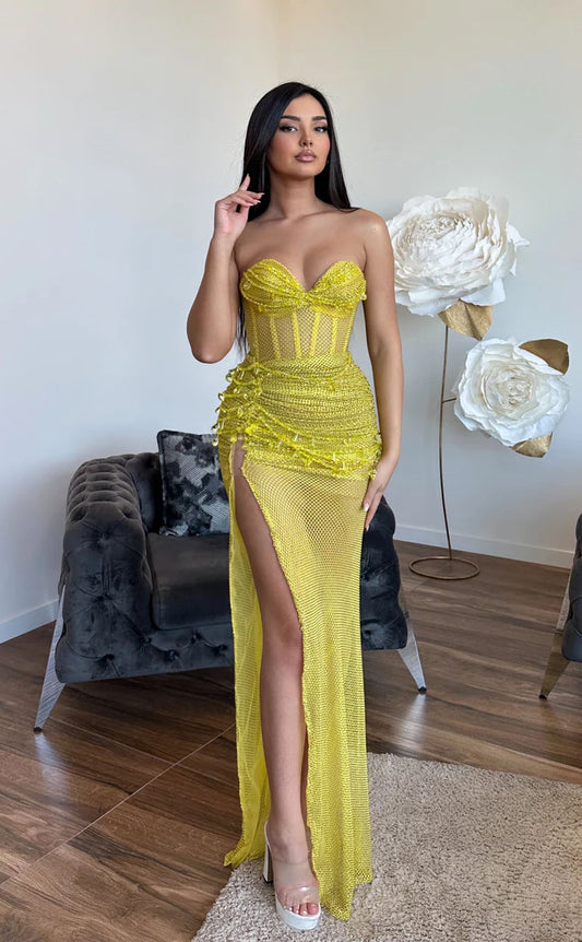 RP1728-Sparkling Yellow Mermaid Sweetheart Sequins Sleeveless Floor Length Sequins Prom Evening Dresses Formal Party Gowns With Slit