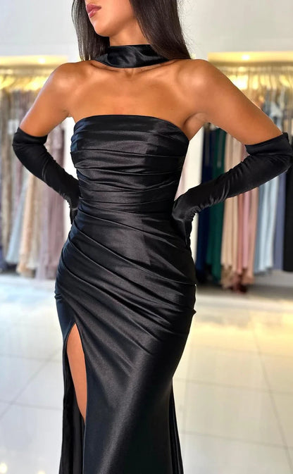 RP735-Elegant Black Mermaid Strapless Ruched Long Sleeves Long Prom Evening Dresses Formal Party Gowns With Slit